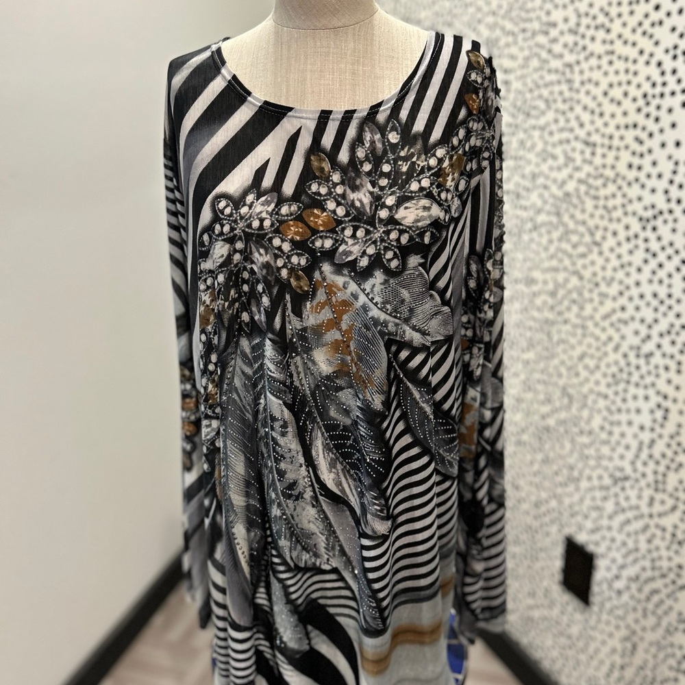 Chic boutique style black and grey blouse with rhinestone embellishments
